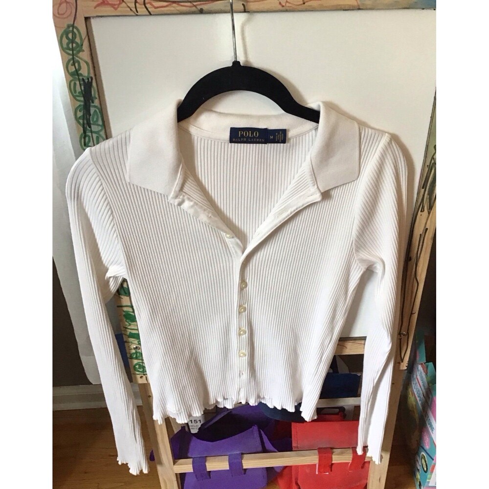Ralph Lauren Cropped Rib-Knit Button Front Polo Shirt